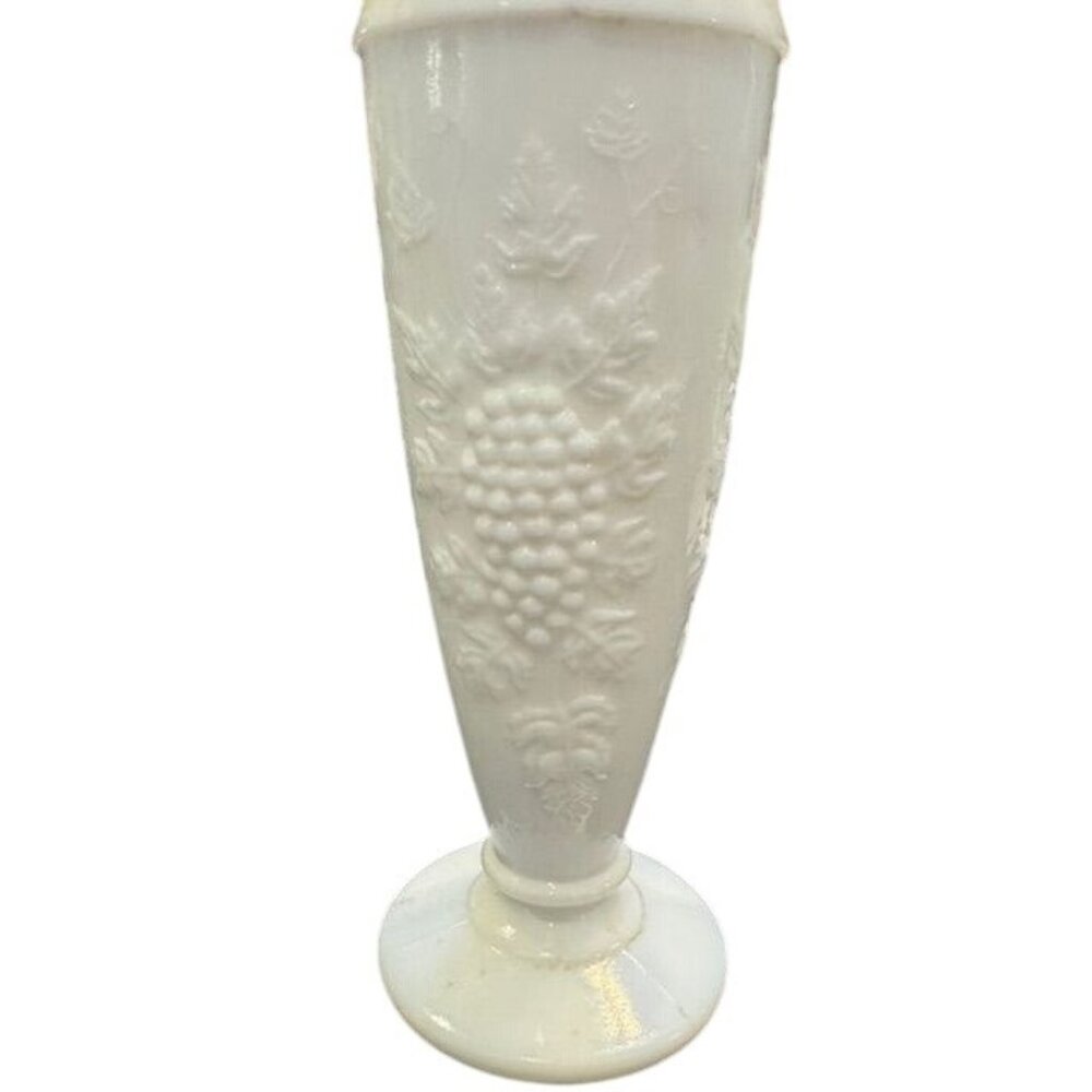 Vintage White Milk Glass Vase With Grape & Vine Embossed Pattern Scalloped Rim 6